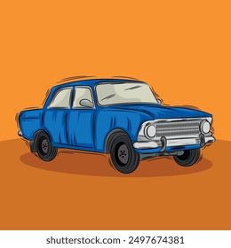 illustration of blue classic car on orange background