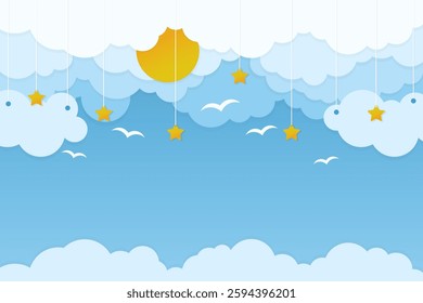 illustration of blue cloud background with the sun appearing behind the clouds, stars and flying birds made in papercut style