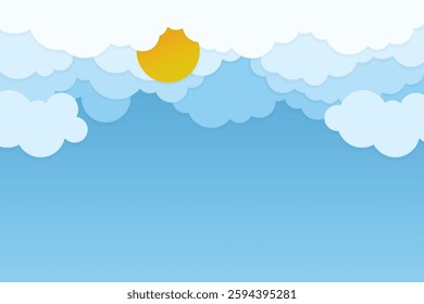 illustration of blue clouds background with the sun appearing behind the clouds made in flat style