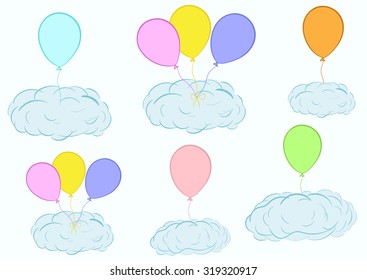 Illustration with blue clouds on balloons in the sky
