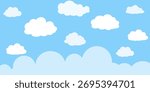 Illustration of a blue cloudy sky and white clouds in a flat style. Cartoon illustration of a blue cloudy vector sky. Outdoor nature wallpaper.