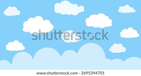 Illustration of a blue cloudy sky and white clouds in a flat style. Cartoon illustration of a blue cloudy vector sky. Outdoor nature wallpaper.