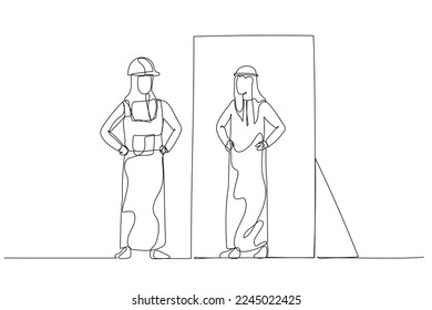 Illustration of blue collar worker looking into woman wear hijab version of self in the mirror. Continuous line art style