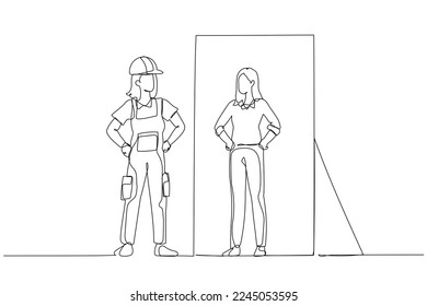 Illustration of blue collar worker looking into business woman version of self in the mirror. Single continuous line art style