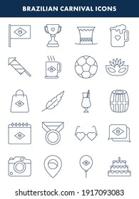 Illustration of Blue Color Brazilian Carnival Icon Set in Line Art.