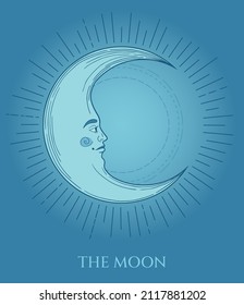 illustration blue colored moon with face 