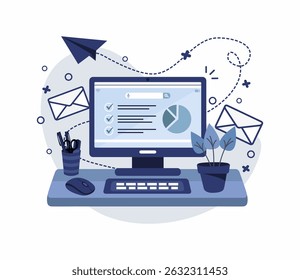 Illustration of a blue computer on a white background.