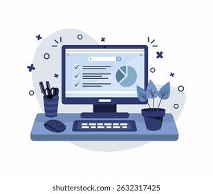 Ilustração de um computador azul sobre um fundo branco.