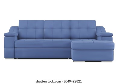 Ilustración de un sofá de esquina azul con almohadas aisladas en blanco 