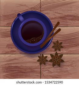 Illustration of blue cup of Coffee on wooden table with star anise and cinnamon