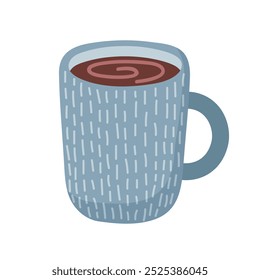 Illustration of blue cup with tea, coffee, cocoa or hot chocolate.