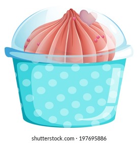 Illustration eines blauen Cupcake-Containers mit einem Cupcake auf weißem Hintergrund