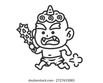 Ilustração de um demônio azul (desenho de linha) correndo com uma vara de ouro