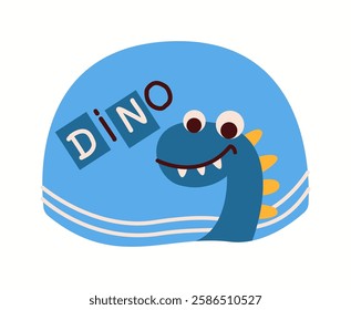 Illustration of a blue dinosaur bucket hat with a smiling dino face and playful spikes, ideal for little dinosaur enthusiasts.