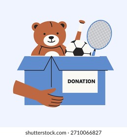 Uma ilustração de uma caixa de doação azul contendo vários itens infantis, como um ursinho de pelúcia, bola de futebol, raquete de tênis e bastão de beisebol, simbolizando doações beneficentes e apoio para o