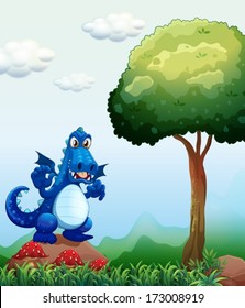 Illustration of a blue dragon at the forest standing above the rock