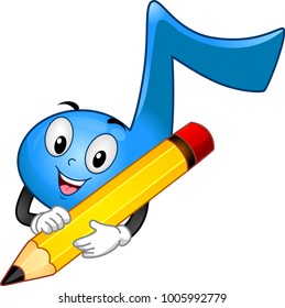 Illustration of a Blue Eighth Note Mascot Holding a Pencil for Writing Music