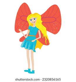 Illustration of blue fairy with orange wings; Winged blonde woman as a teacher; Fantasy design for prints 