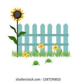 Illustration - blue fence, next to growing grass, sunflowers, yellow flowers and sit frogs. Stock vector graphics.