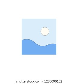Illustration of blue fields and white sun in light blue sky in minimalist style
