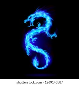 Illustration of Blue Fire Chinese Dragon Symbol of Wisdom and Power on Black Background