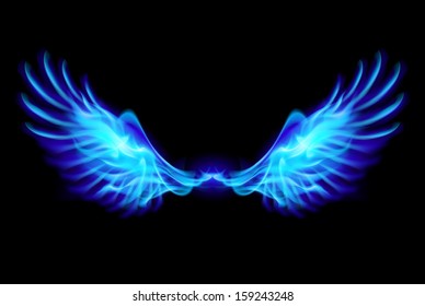 Illustration of blue fire wings on balck background.