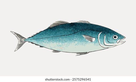 Illustration of a blue fish with detailed scales and fins. The fish is depicted in a side view, showcasing its streamlined body and aquatic features. Vintage illustration isolated on white, vector.