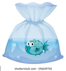 Ilustración de un pez azul dentro de la bolsa de plástico sobre un fondo blanco