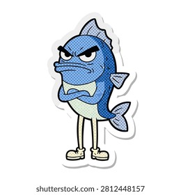 Illustration of a blue fish standing upright with arms crossed, wearing shoes, and showing an angry facial expression