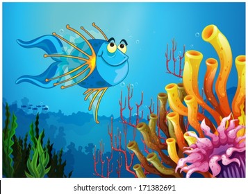 Illustration of a blue fish under the sea near the coral reefs on a white background