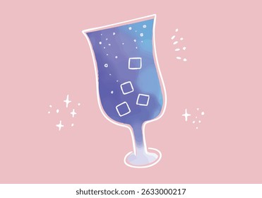 Illustration of a blue fizzy drink in a glass on a sparkling background