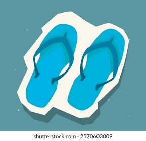 Illustration of blue flip-flops on a sandy patch with green background, designed in a minimal and modern style. Concept of summer, beach, and relaxation. Vector illustration.