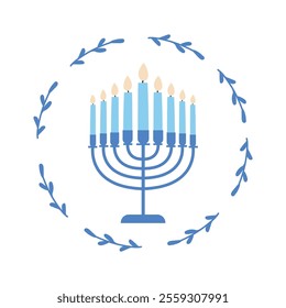 An illustration of a blue floral wreath with a menorah placed in center. Happy Hanukkah celebration.