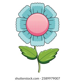 Illustration of a Blue Flower with Green Leaves on a White Background