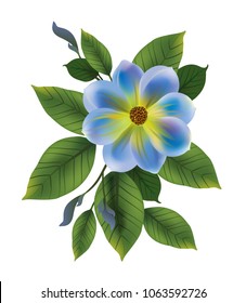 Illustration of blue flower with leaves. Forget me not, bud, twig. Flower concept. Can be used for topics like, greetings, celebration, plants.