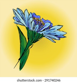 Illustration of a blue flower on a yellow background, hand drawing