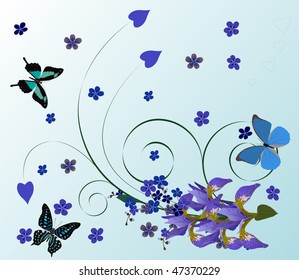 illustration with blue flowers and butterflies