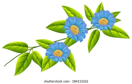 Illustration of the blue flowers with green leaves on a white background