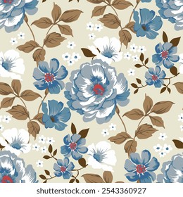 illustration of blue flowers and leaves arranged on a soft color background. seamless floral pattern design.