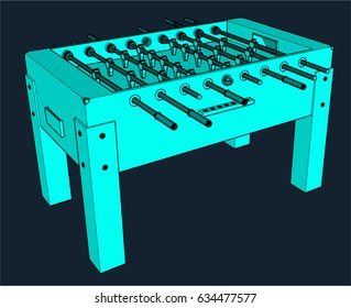 Illustration of a blue Foosball table in wire frame style