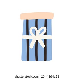 Ilustración de una caja de regalo azul envuelta con una cinta blanca y un lazo, evocando sentimientos de alegría y celebración. Perfecto para ocasiones como cumpleaños, aniversarios o festividades navideñas