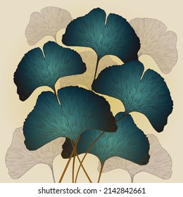 An illustration of blue ginkgo biloba leaves on broken white background