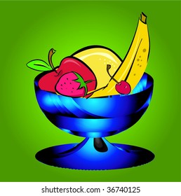 Illustration of a blue glass bowl of fruit encased on a green background vector