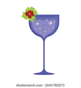 Illustration of a blue glass with a drink on a thin stem with a green and red flower on a white background.