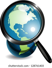 illustration, blue globe under magnifying glass on white background