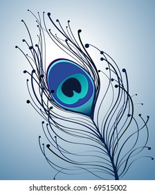 illustration with blue gradient and blue peacock feather