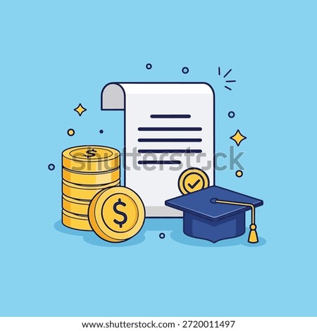 Illustration of a blue graduation cap, a rolled diploma scroll with a seal, and a stack of gold dollar coins, symbolizing education funding.