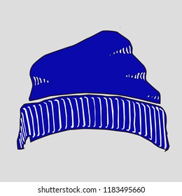 Illustration of a blue graphic hat. Winter headgear. Linear style logo.Therely dressed
