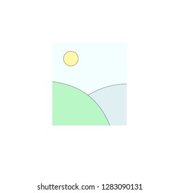 Illustration of blue and green fields and sun in the sky