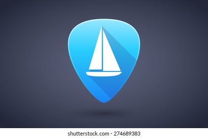 Illustration of a blue guitar pick icon with a ship